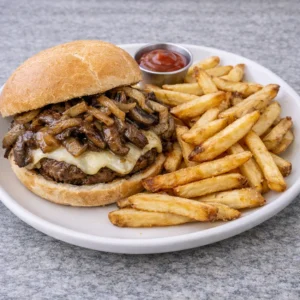 Mushroom Swiss Burger and French Fries