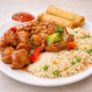 Sweet Sour Pork with rice & 2 spring rolls