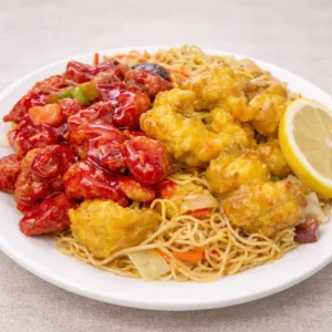 Swiss Sour Pork & Lemon Chicken with Low Mein Noodle